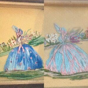 Vintage 50s Set of 2 Antique Embroidered Ladies in Nature Wall Hangings 5 x 5